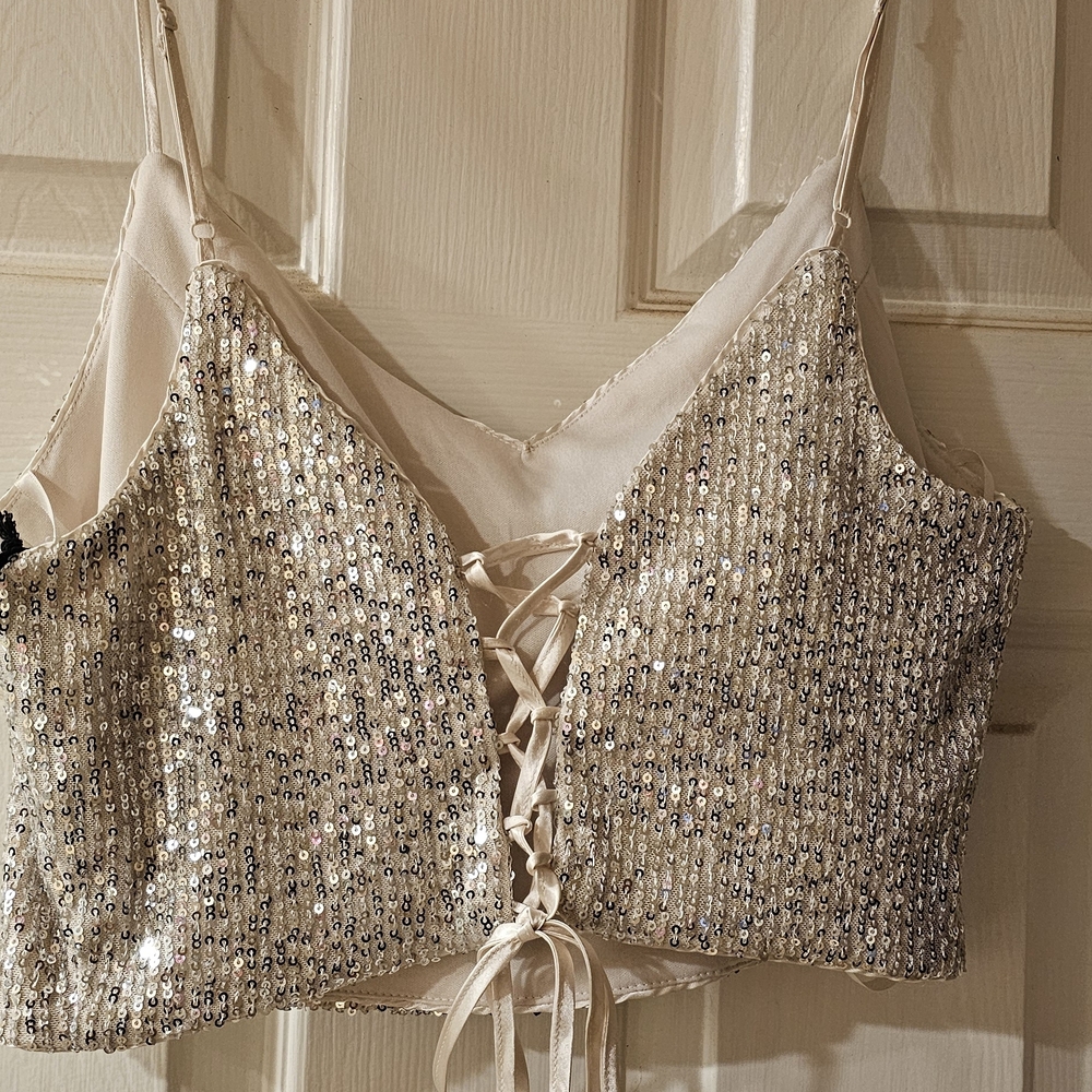Sequin Lace-Up Crop Top Juniors Blouse Sequin Fits Tiny